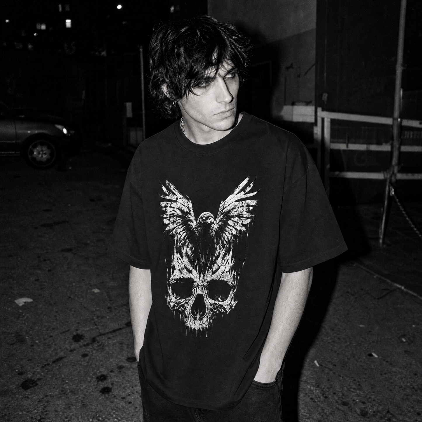 A man wearing a black graphic t-shirt with a white distressed print of a skull and raven, photographed in a dark outdoor setting at night.