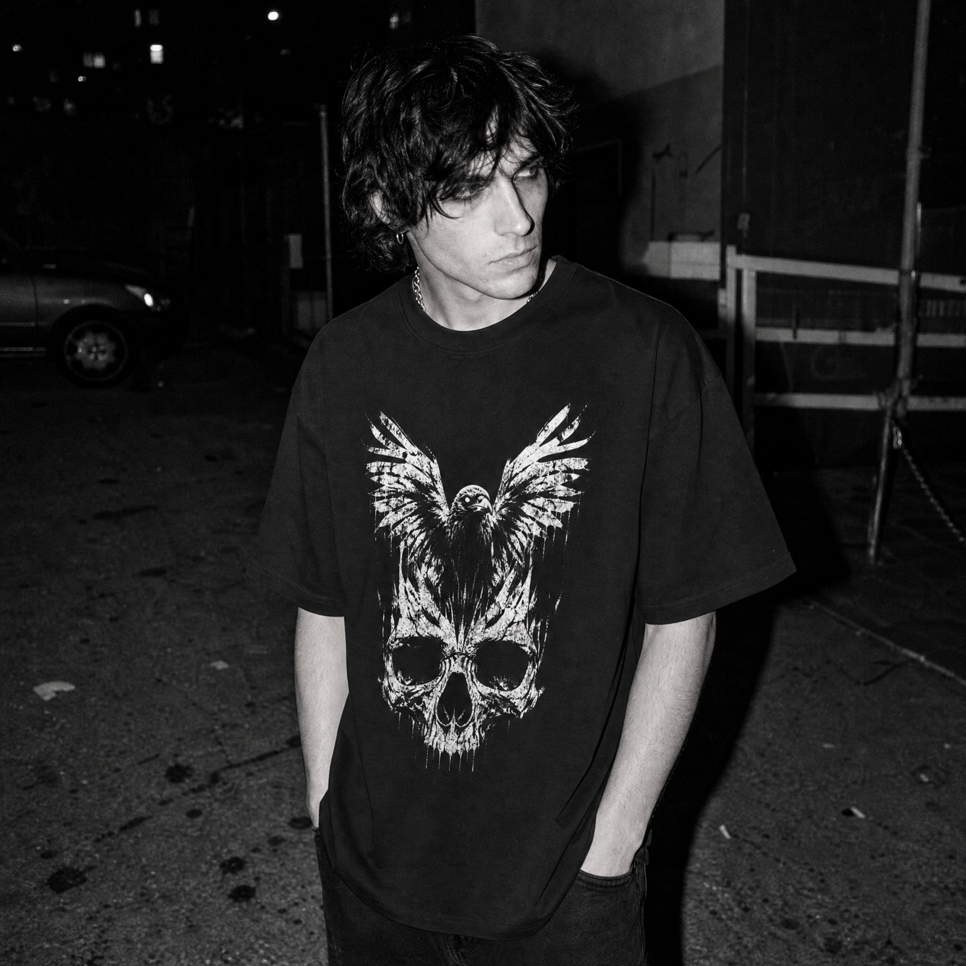 A man wearing a black graphic t-shirt with a white distressed print of a skull and raven, photographed in a dark outdoor setting at night.