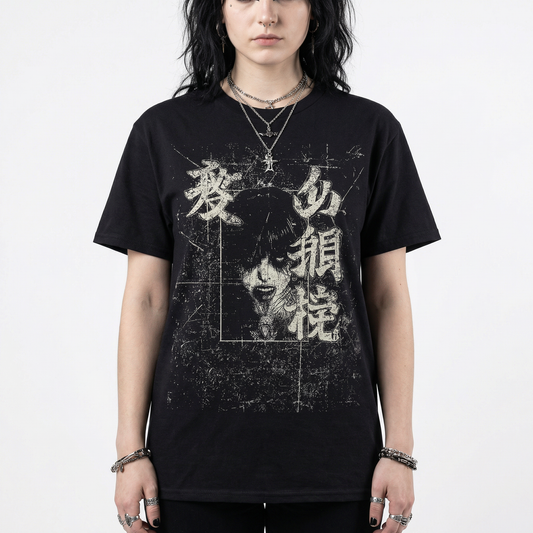 Grunge Gothic Portrait T-Shirt – Japanese Script