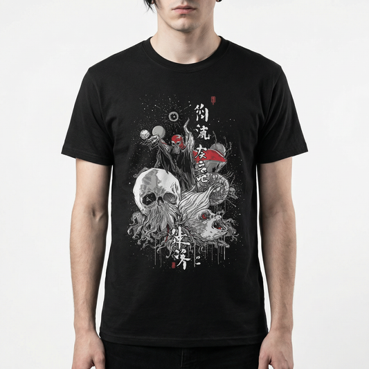 Kanji-Inspired Horror T-Shirt – Surreal Grunge Skull Art