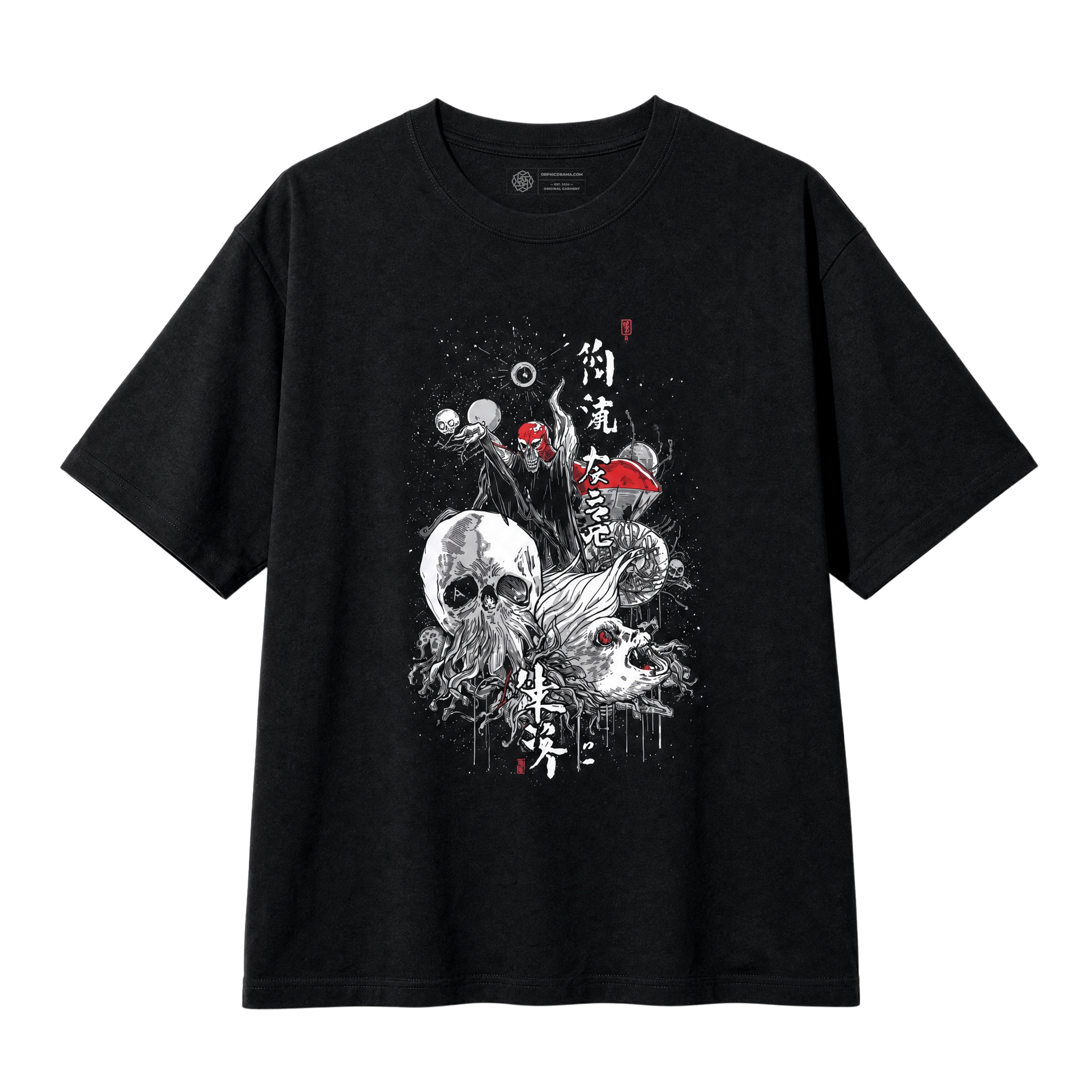 A black short-sleeve graphic t-shirt featuring a detailed white, gray, and red cosmic war illustration on the front with Kanji characters, displayed against a solid white background.