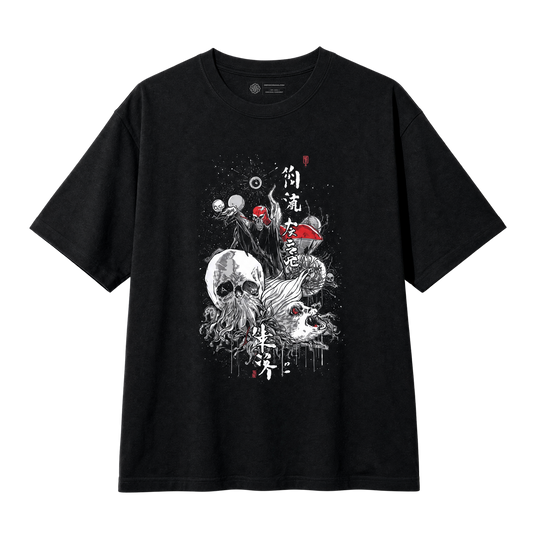 A black short-sleeve graphic t-shirt featuring a detailed white, gray, and red cosmic war illustration on the front with Kanji characters, displayed against a solid white background.