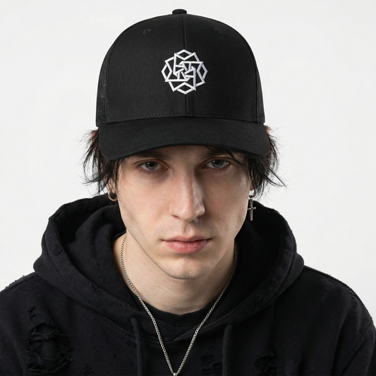 Orphic Drama Snapback Trucker Cap – Embroidered Geo-Vortex Logo