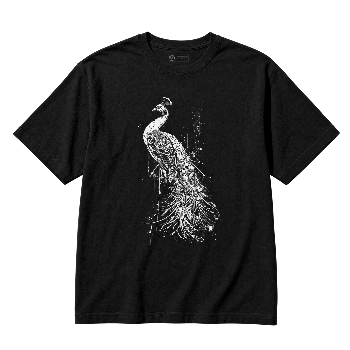 A black short-sleeve crewneck t-shirt featuring a detailed white line art graphic of a peacock on the front, displayed against a solid white background.