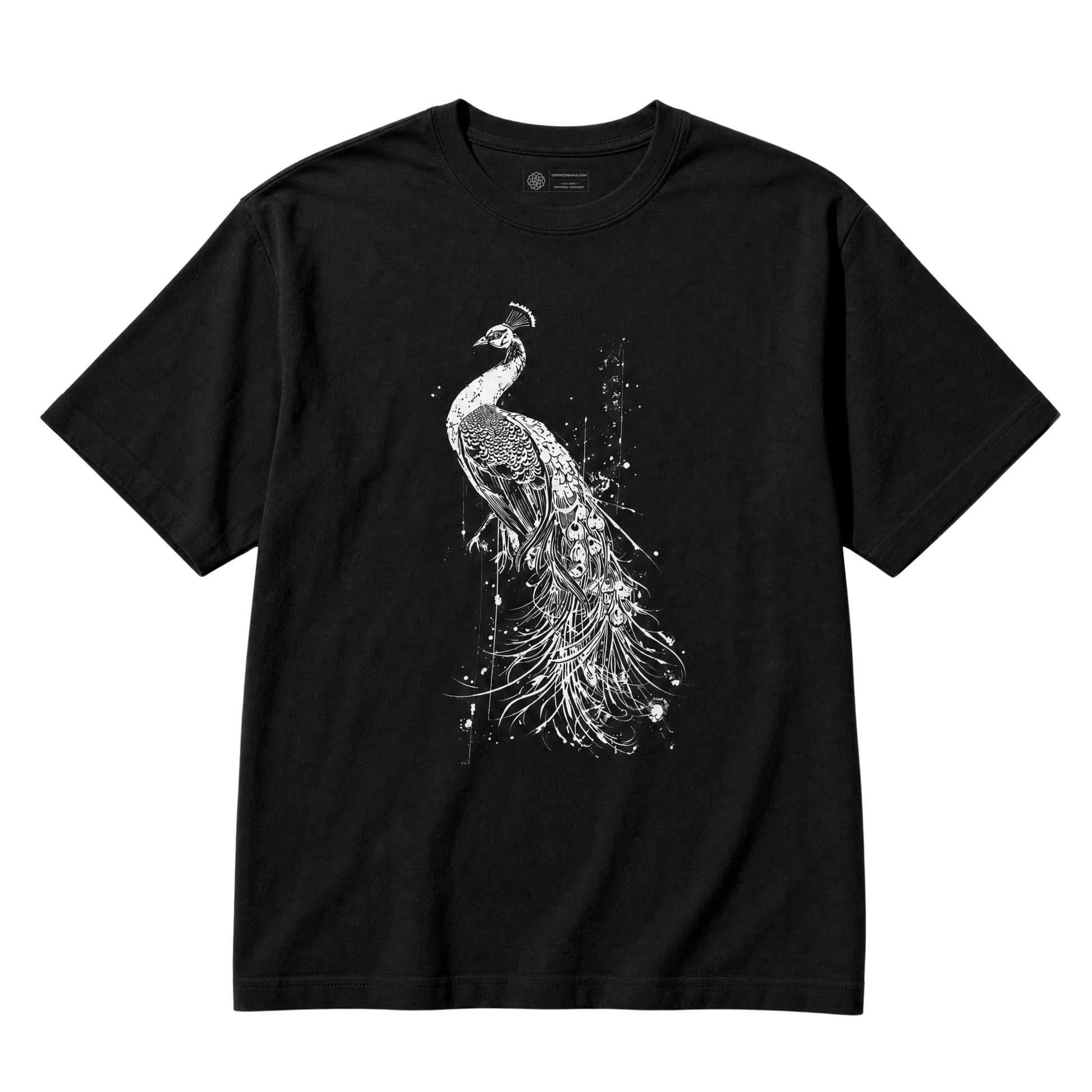 A black short-sleeve crewneck t-shirt featuring a detailed white line art graphic of a peacock on the front, displayed against a solid white background.