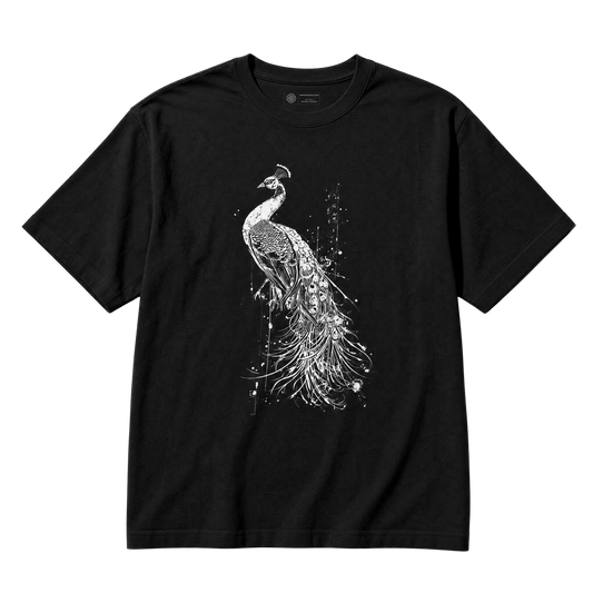 A black short-sleeve crewneck t-shirt featuring a detailed white line art graphic of a peacock on the front, displayed against a solid white background.