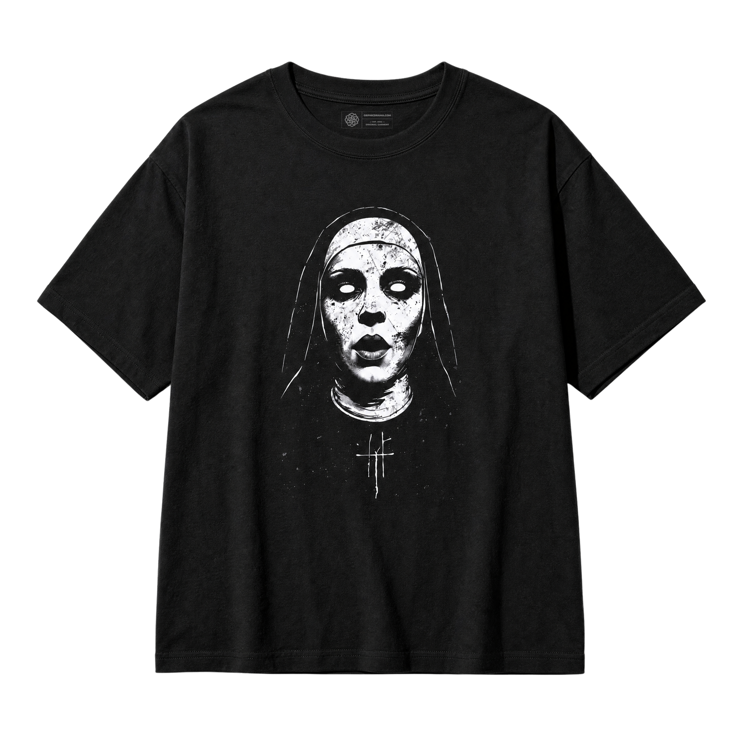 A black short-sleeve crewneck t-shirt featuring a distressed white graphic print of a nun's face with a cross on her chest, displayed flat against a solid white background.