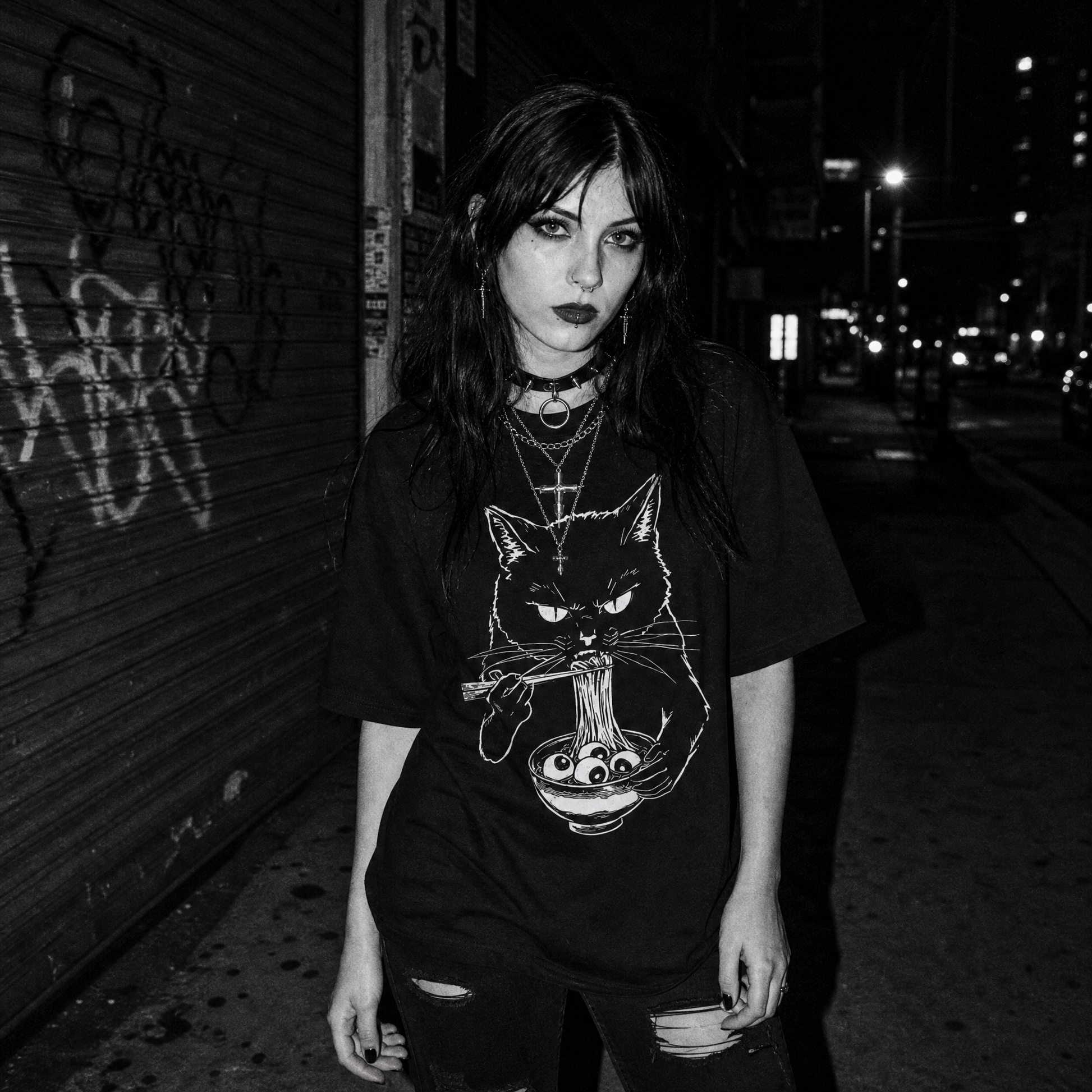 A woman stands on a dark city street at night wearing a black graphic T-shirt with a white cat illustration holding a bowl and eating noodles, paired with dark ripped jeans and layered necklaces.