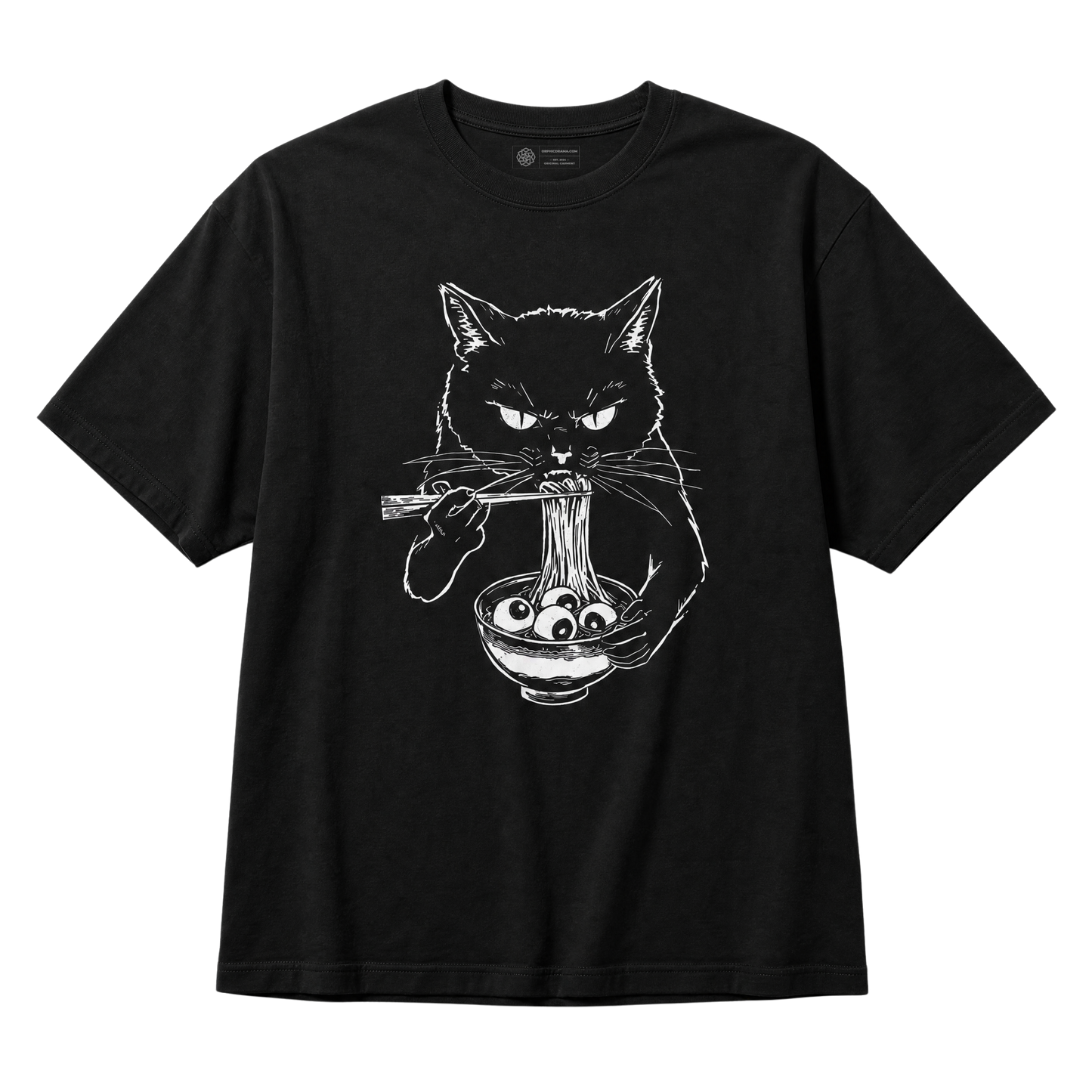 A black short-sleeve crewneck t-shirt featuring a white line art graphic of a cat eating noodles from a bowl with chopsticks.