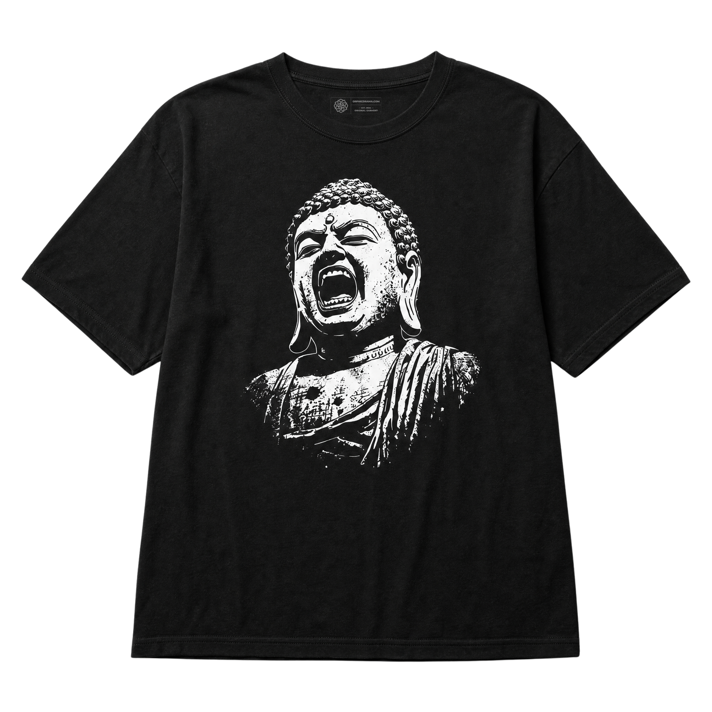 A black short-sleeve crewneck t-shirt featuring a distressed white graphic print of a screaming Buddha bust on the front, displayed against a solid white background.