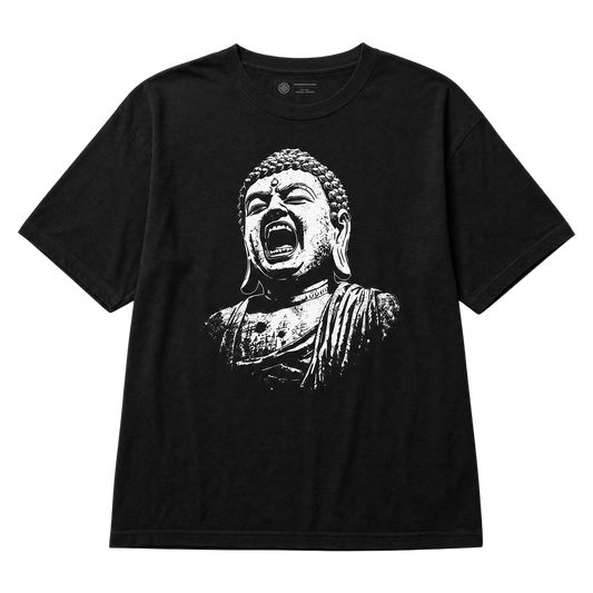 A black short-sleeve crewneck t-shirt featuring a distressed white graphic print of a screaming Buddha bust on the front, displayed against a solid white background.