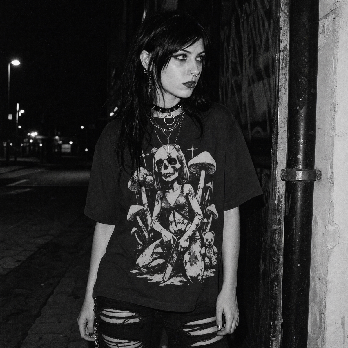 A woman stands at night wearing an oversized black graphic T-shirt with a  print of a skull-headed girl gripping a chainsaw surrounded by mushrooms and a teddy bear, ripped dark jeans, layered necklaces, and a choker, posed beside a dark vertical pipe against an urban wall.