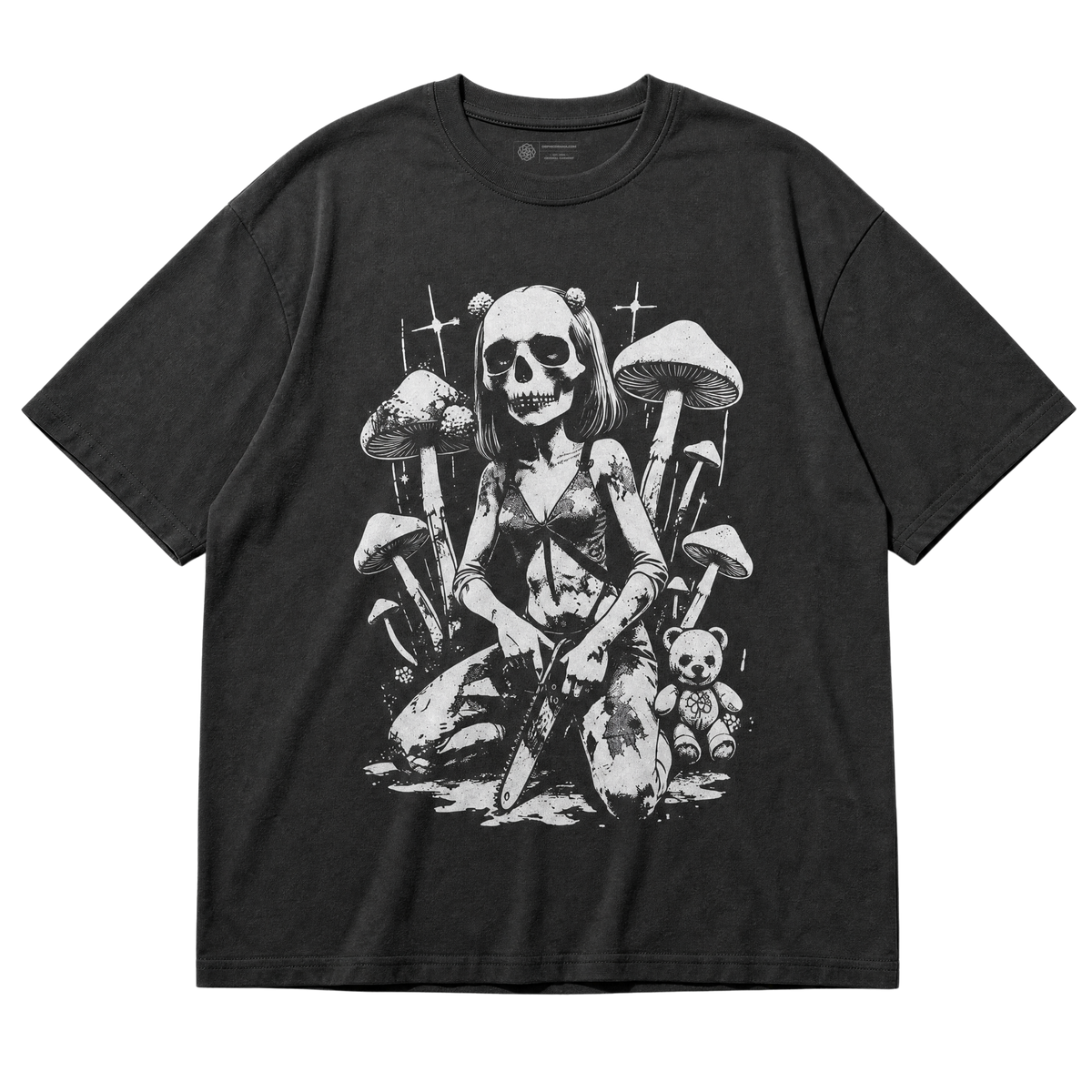 A black short-sleeve t-shirt with a detailed black and white graphic print of a skull-headed girl gripping a chainsaw surrounded by mushrooms and a teddy bear, shown flat against a white background.