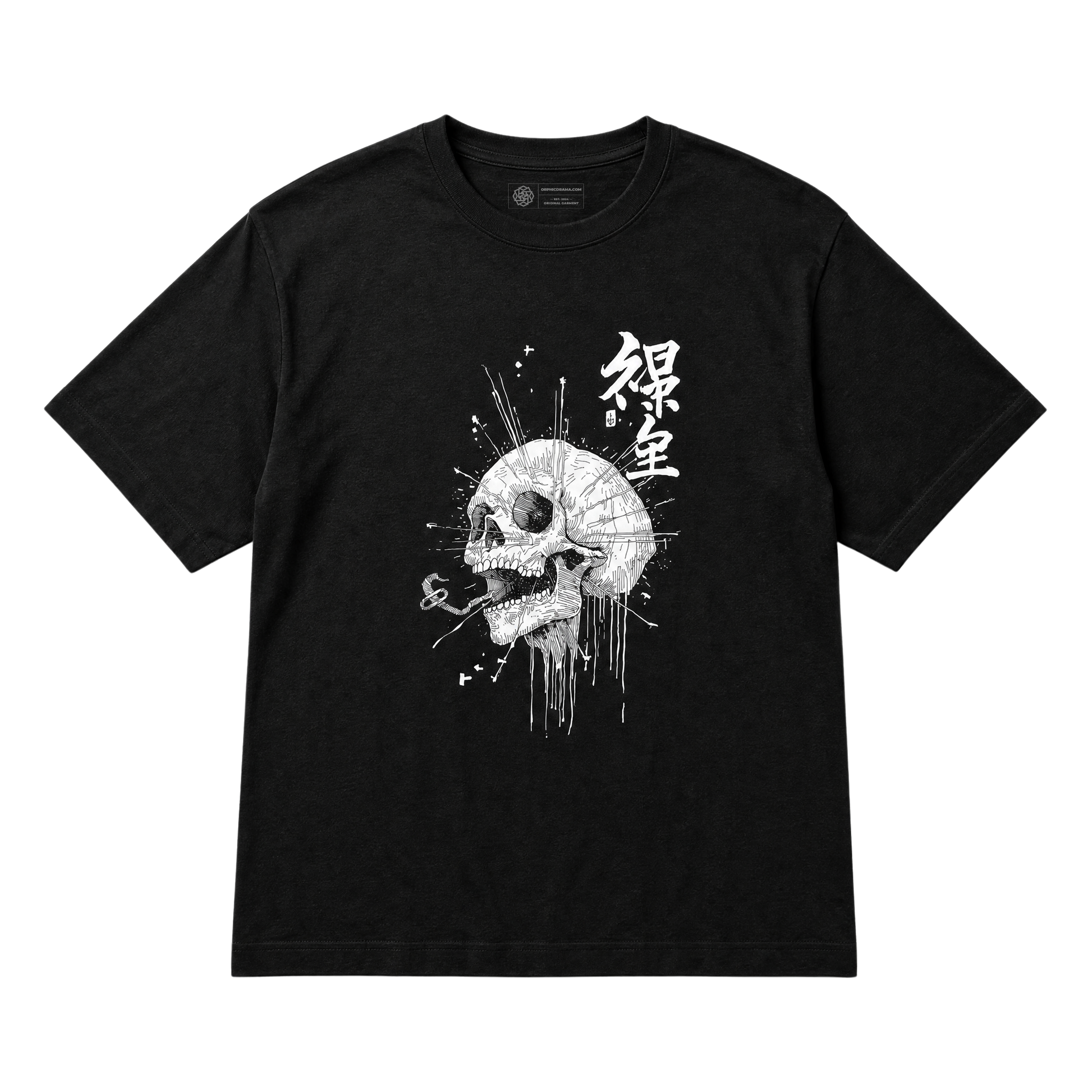 A black short-sleeve t-shirt with a white graphic print of a skull, paint splatters, and Kanji characters on the front, displayed against a solid white background.