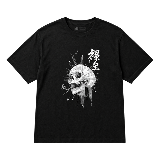 A black short-sleeve t-shirt with a white graphic print of a skull, paint splatters, and Kanji characters on the front, displayed against a solid white background.