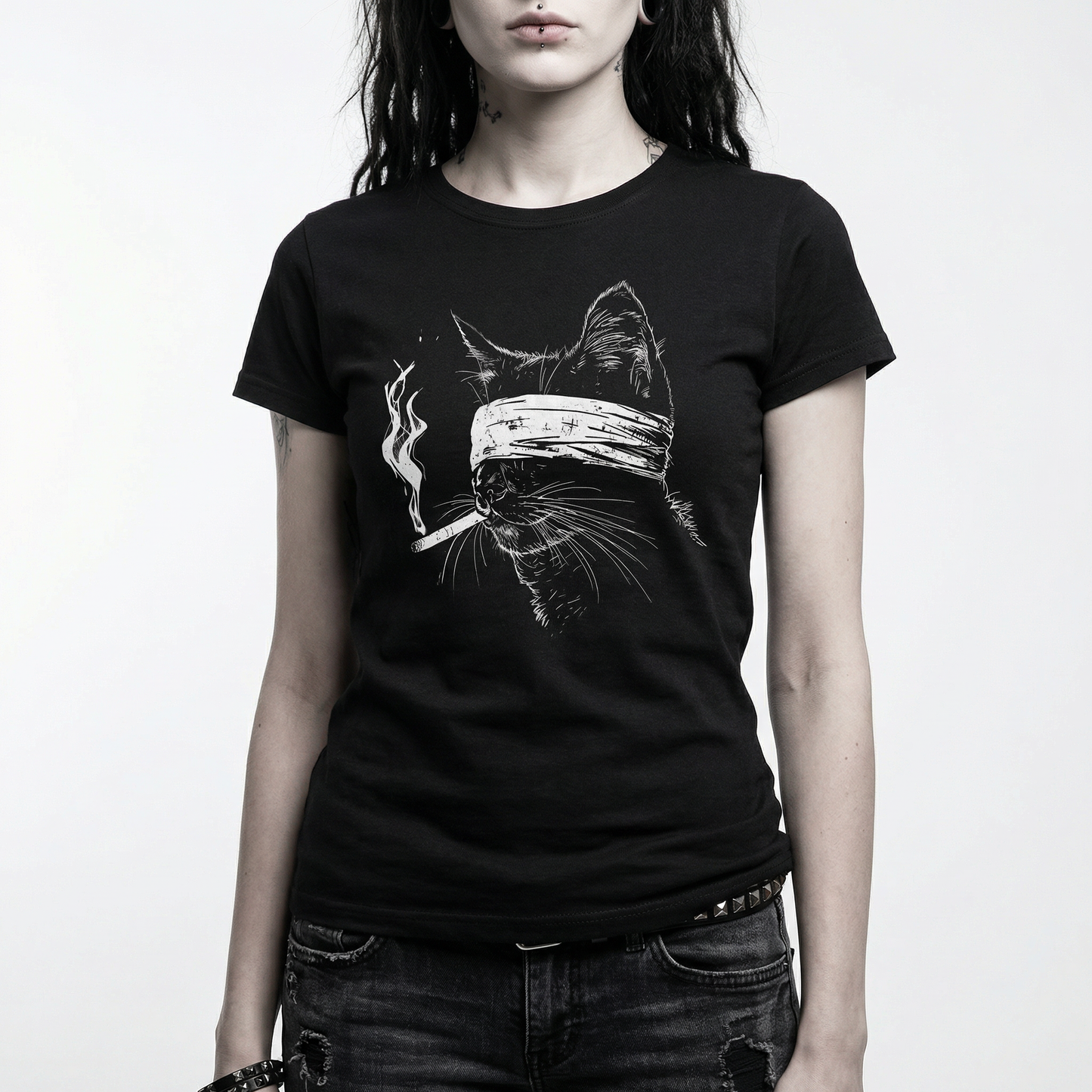 Smoking Cat T-Shirt - Edgy Vintage Noir Tee