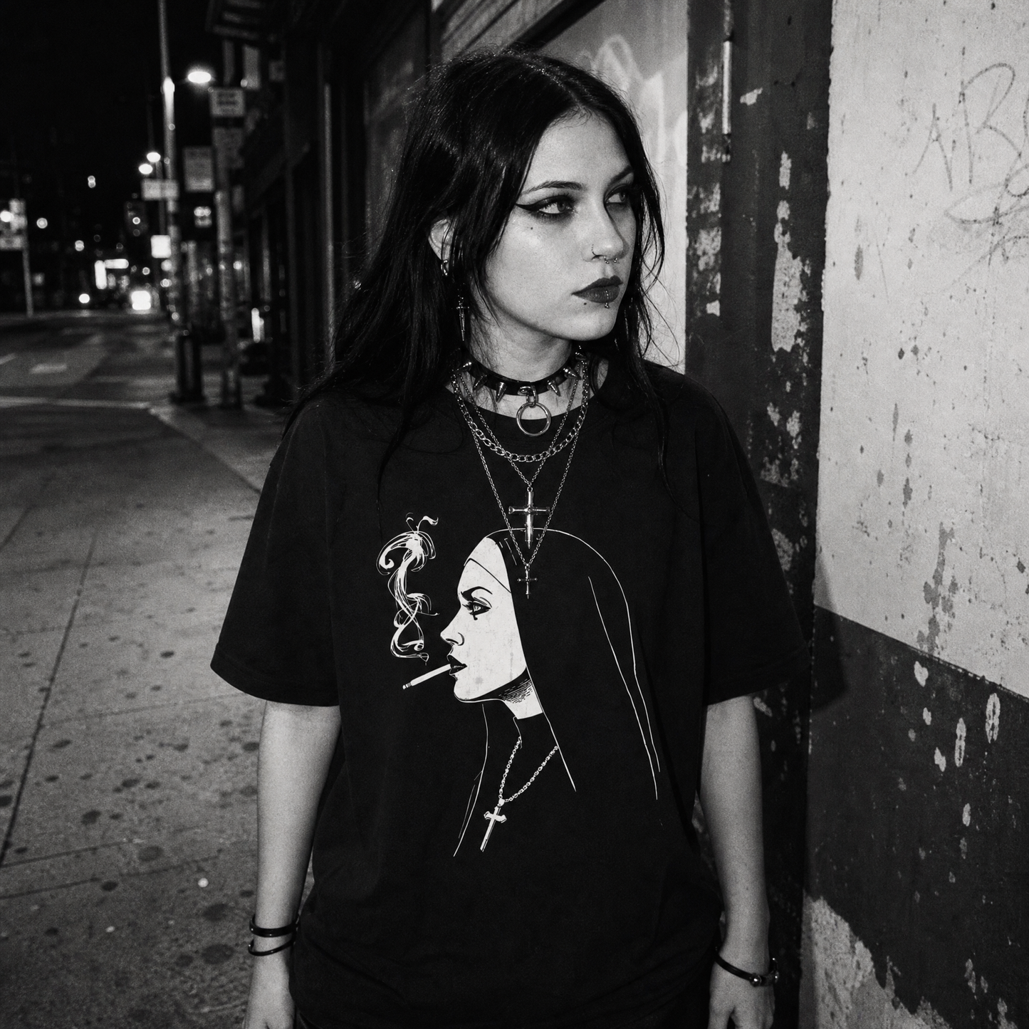 A black gothic-style graphic t-shirt featuring a white line art illustration of a woman smoking, worn by a female model in a black-and-white night street photograph.