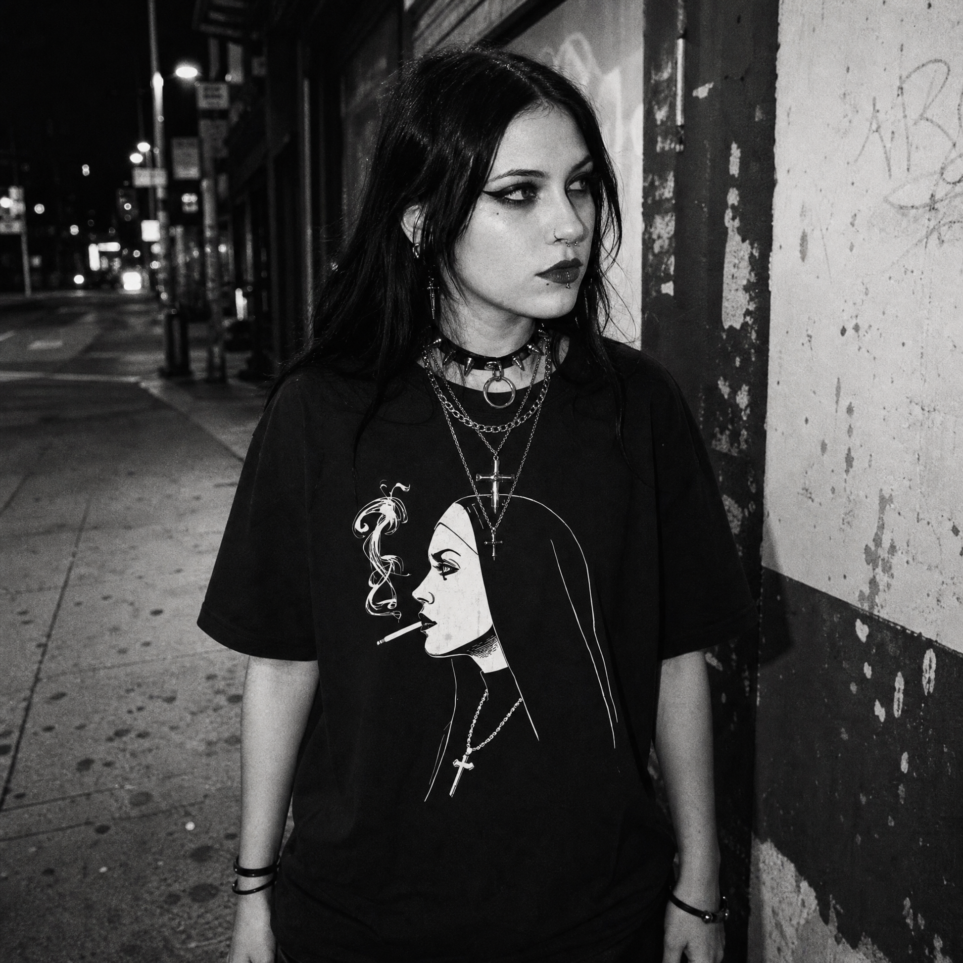 A black gothic-style graphic t-shirt featuring a white line art illustration of a woman smoking, worn by a female model in a black-and-white night street photograph.