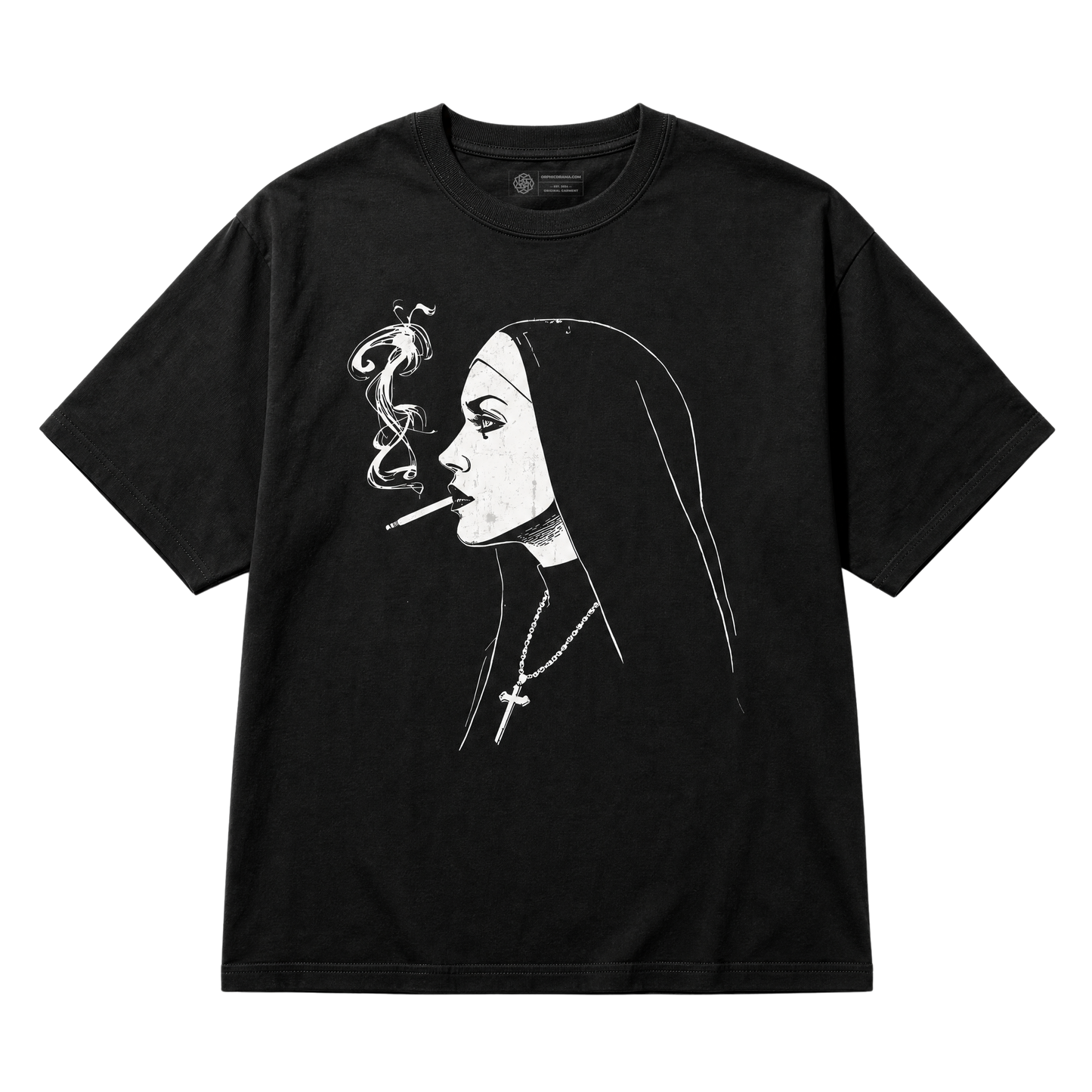 A black short-sleeve crewneck t-shirt featuring a white line art graphic of a nun smoking a cigarette, shown flat against a solid white background.
