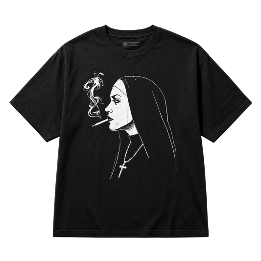 A black short-sleeve crewneck t-shirt featuring a white line art graphic of a nun smoking a cigarette, shown flat against a solid white background.