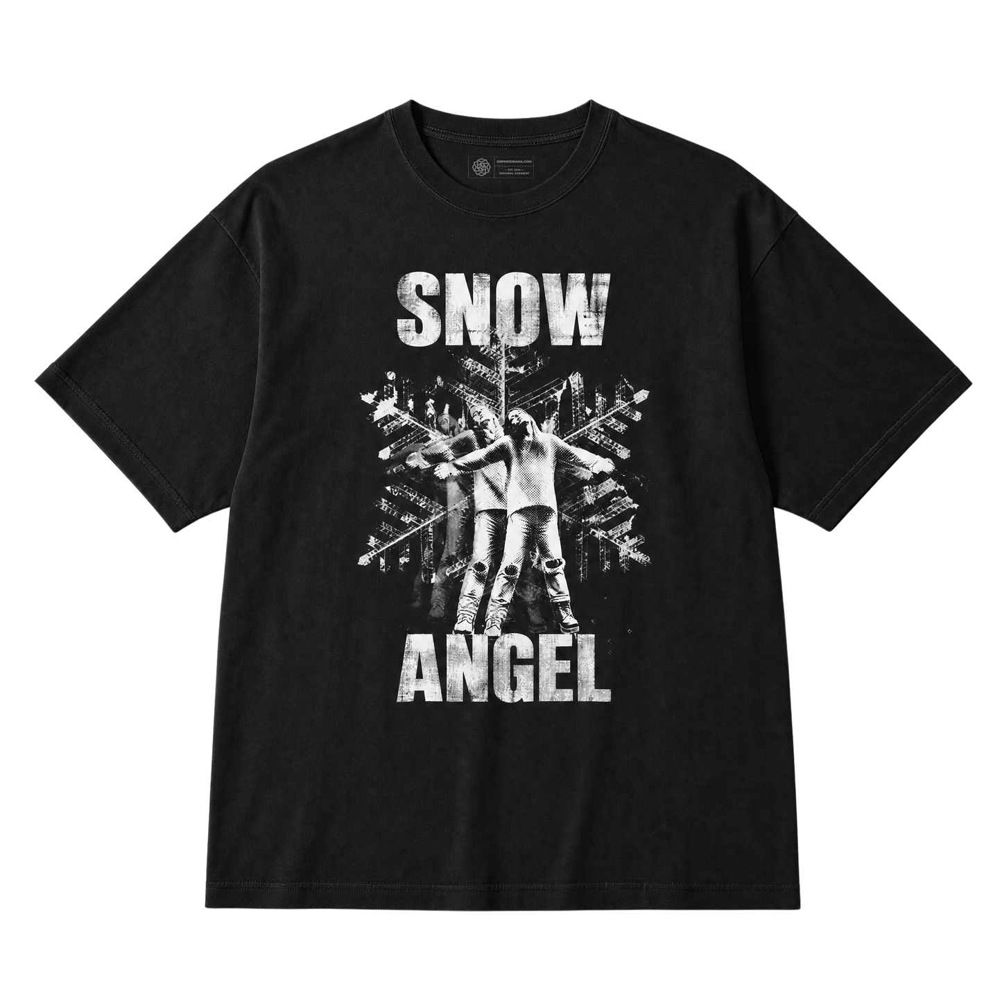 A black short-sleeve graphic t-shirt featuring a distressed white print of large snowflake and a woman with arms spread open on the front, with text 'SNOW ANGEL' displayed flat against a solid white background.