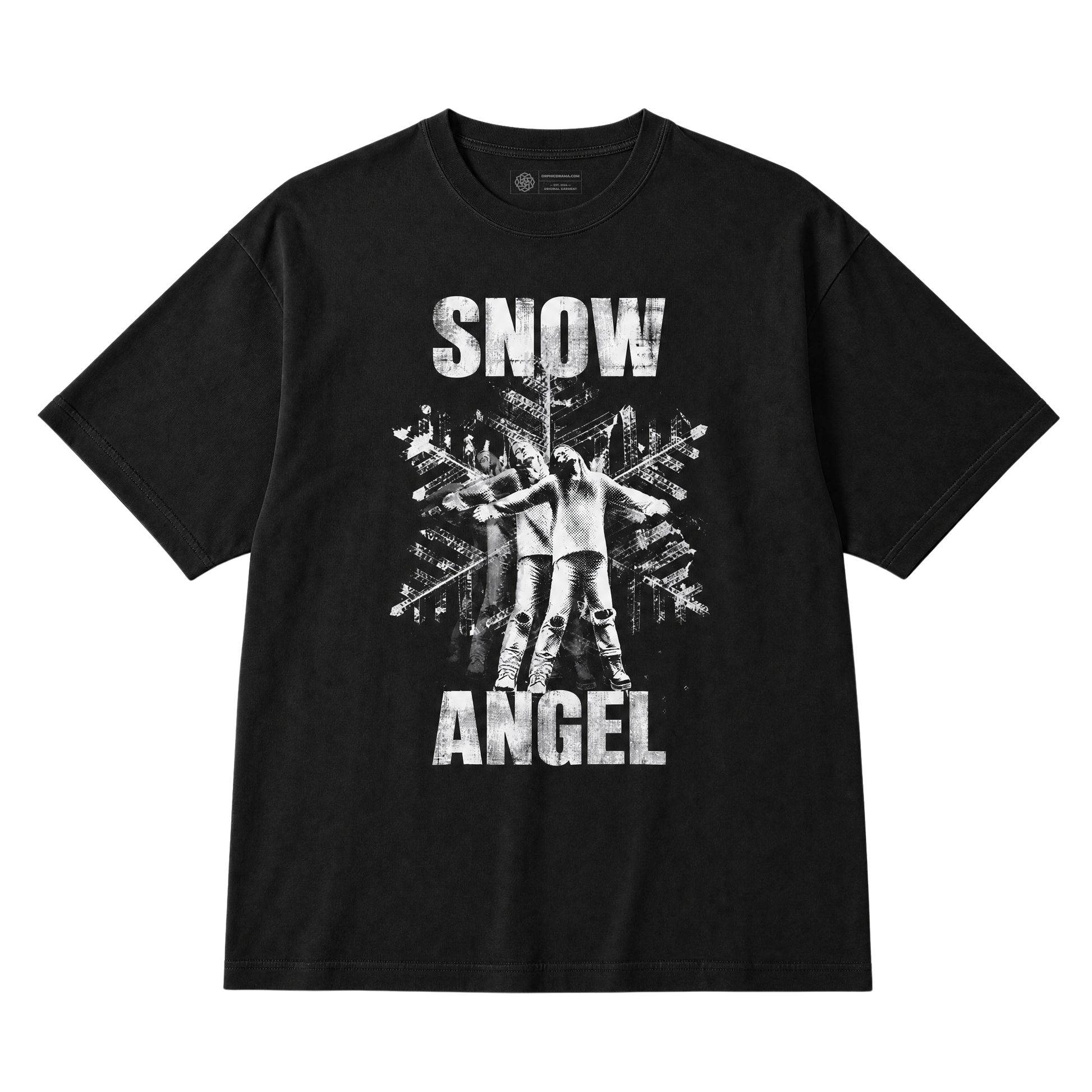 A black short-sleeve graphic t-shirt featuring a distressed white print of large snowflake and a woman with arms spread open on the front, with text 'SNOW ANGEL' displayed flat against a solid white background.