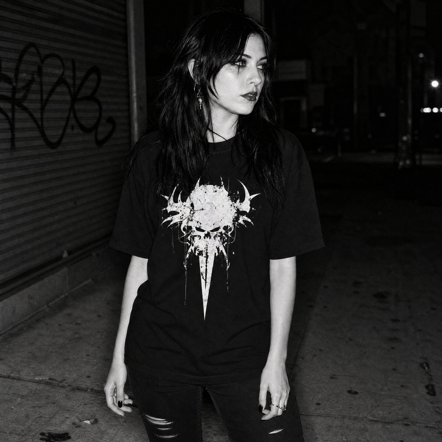 A woman stands on a dark city street at night wearing a black graphic T-shirt with a white skull-and-blade design, paired with dark ripped jeans.