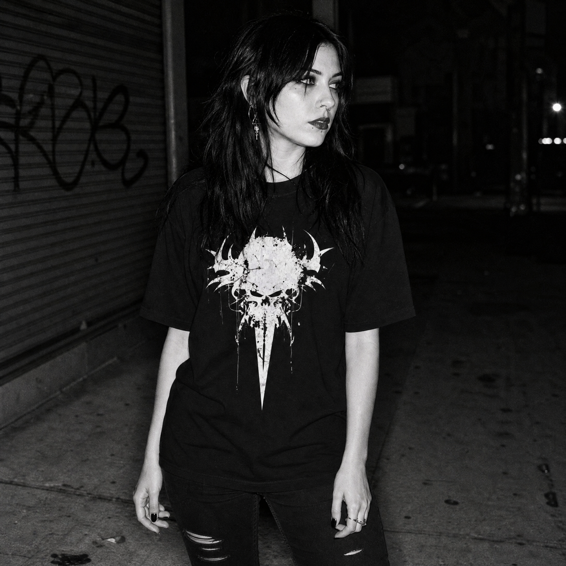 A woman stands on a dark city street at night wearing a black graphic T-shirt with a white skull-and-blade design, paired with dark ripped jeans.