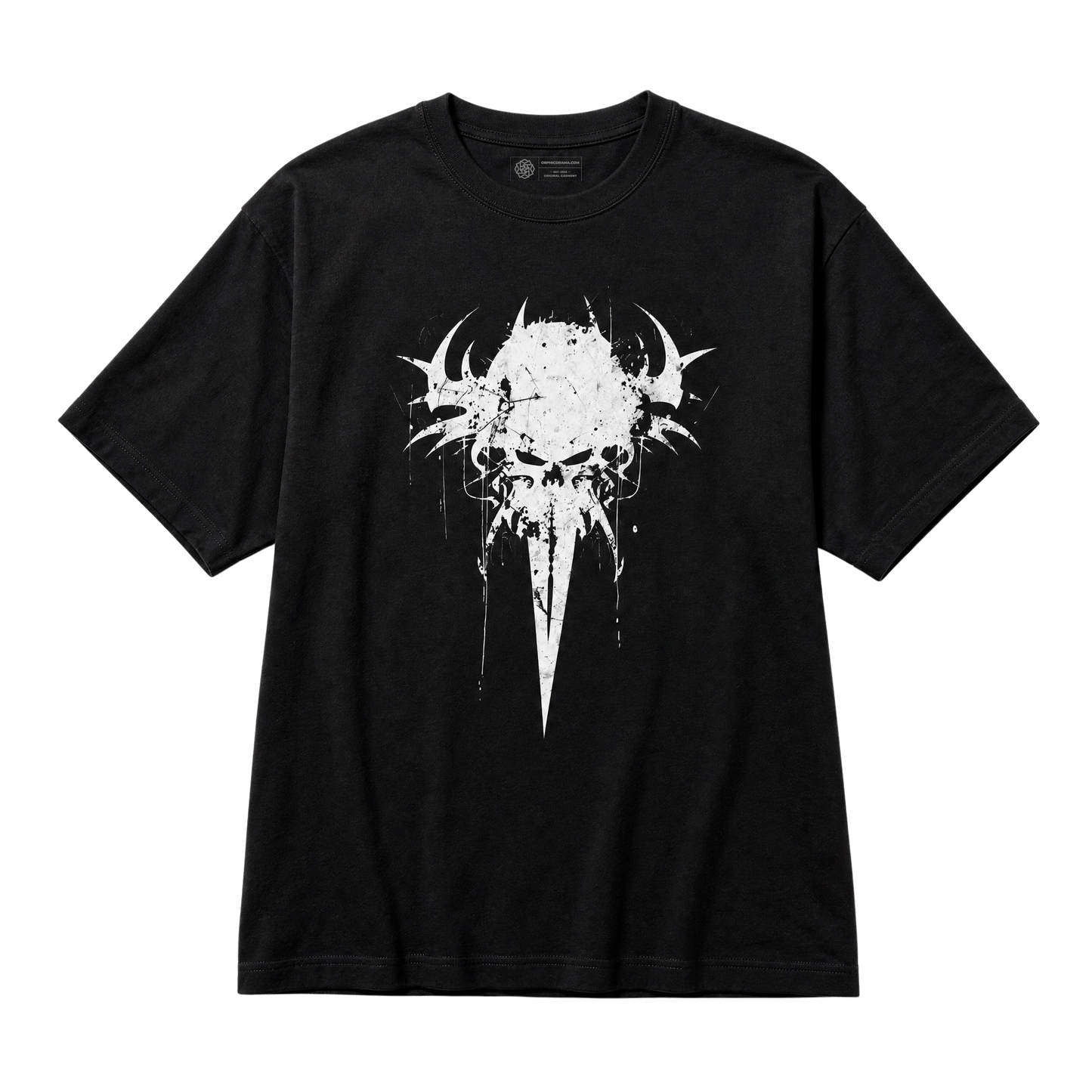 A black short-sleeve crewneck t-shirt featuring a large white distressed graphic of a skull with horns and a dagger, displayed on a solid white background.