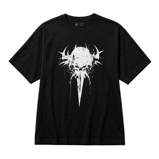 A black short-sleeve crewneck t-shirt featuring a large white distressed graphic of a skull with horns and a dagger, displayed on a solid white background.