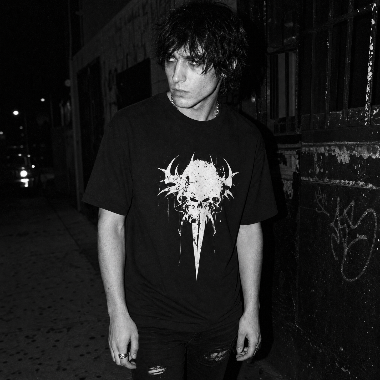 A man wearing a black graphic t-shirt with a white skull design, standing in a dark, gritty urban alleyway at night.