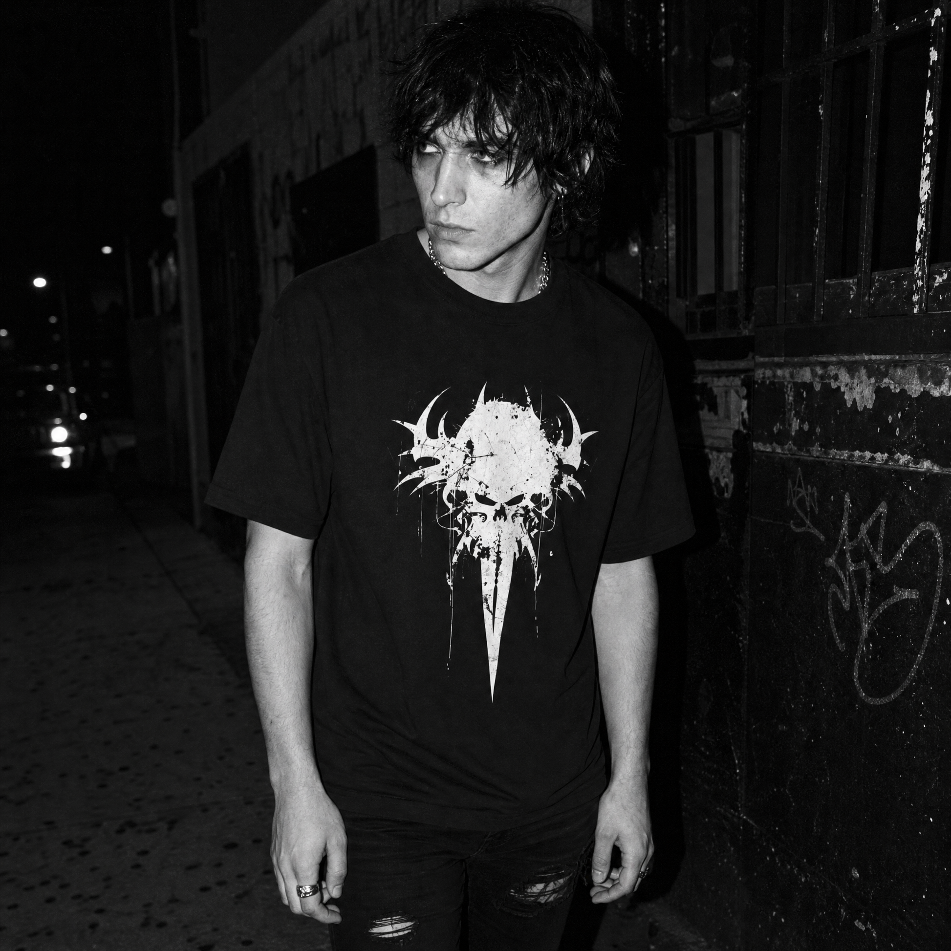 A man wearing a black graphic t-shirt with a white skull design, standing in a dark, gritty urban alleyway at night.