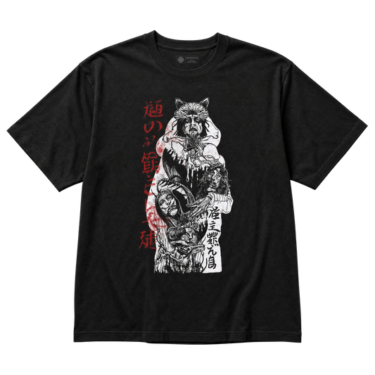 A black short-sleeve graphic t-shirt featuring a detailed white and red print of a wolf-headed warrior character with Kanji text, displayed flat against a solid white background.