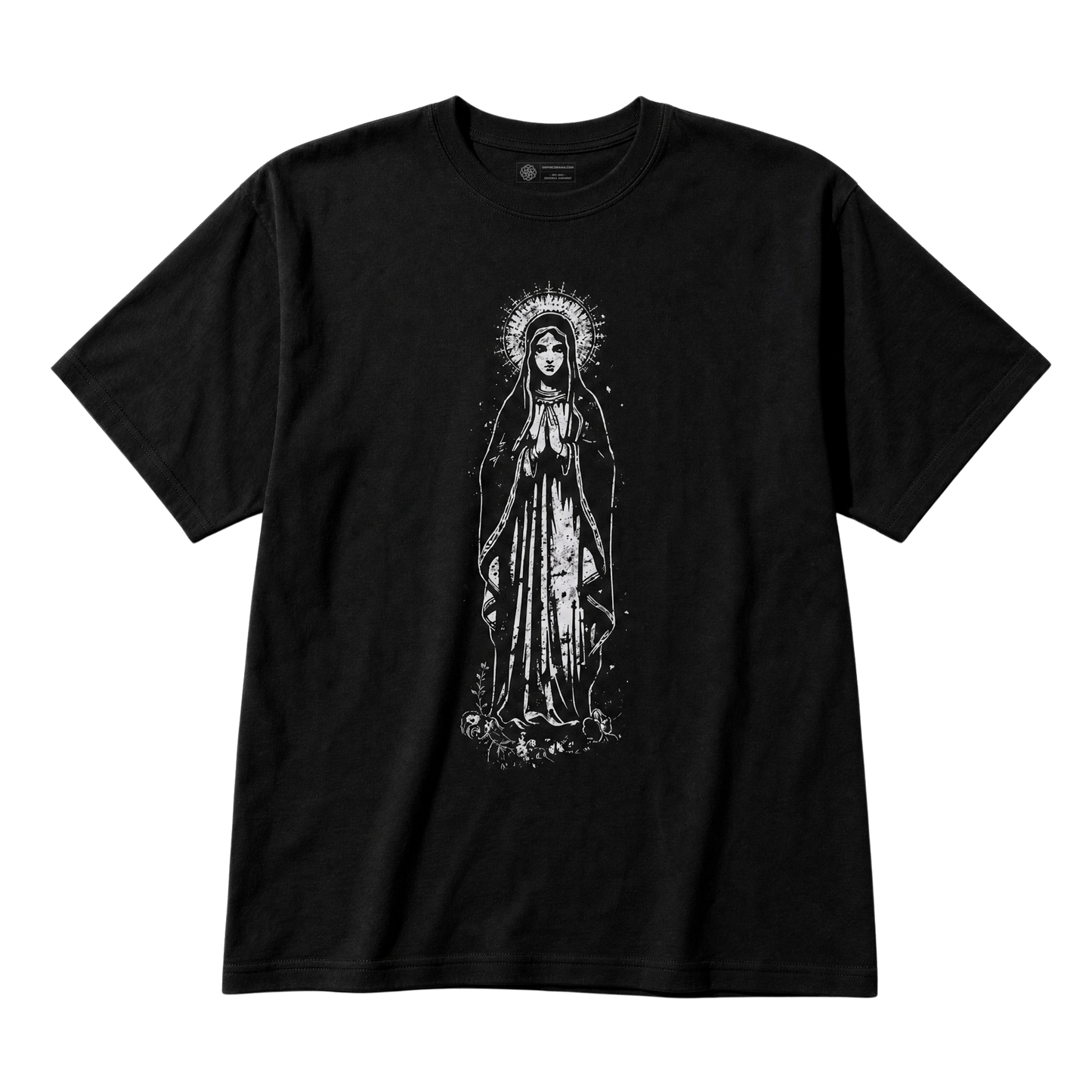 A black short-sleeve crewneck t-shirt featuring a distressed white graphic print of the Virgin Mary with a halo on the front, displayed against a solid white background.