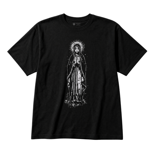 A black short-sleeve crewneck t-shirt featuring a distressed white graphic print of the Virgin Mary with a halo on the front, displayed against a solid white background.