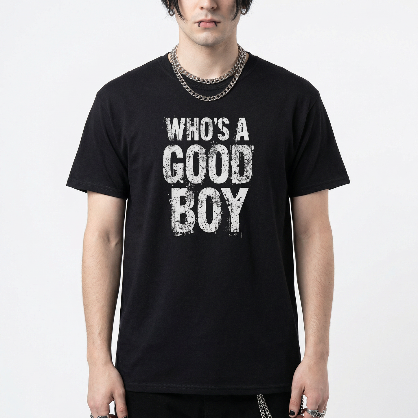Who’s A Good Boy T-Shirt – Distressed Text Design