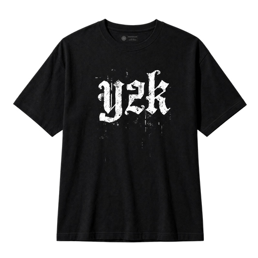 A black short-sleeve crewneck t-shirt featuring a distressed white gothic-style 'Y2K' graphic printed across the chest, displayed on a clean white background.