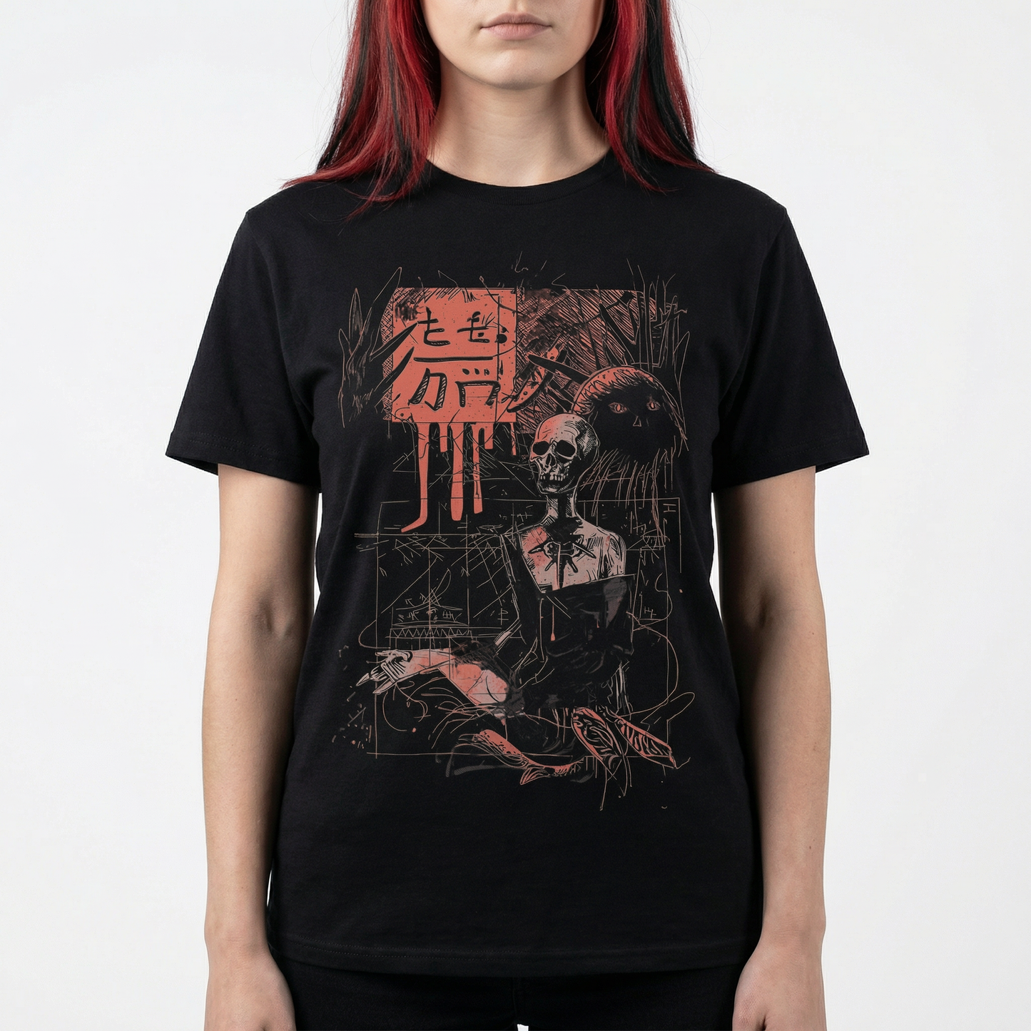 Y3K Bone Scribe T-Shirt — Surreal Grunge Skeleton Art