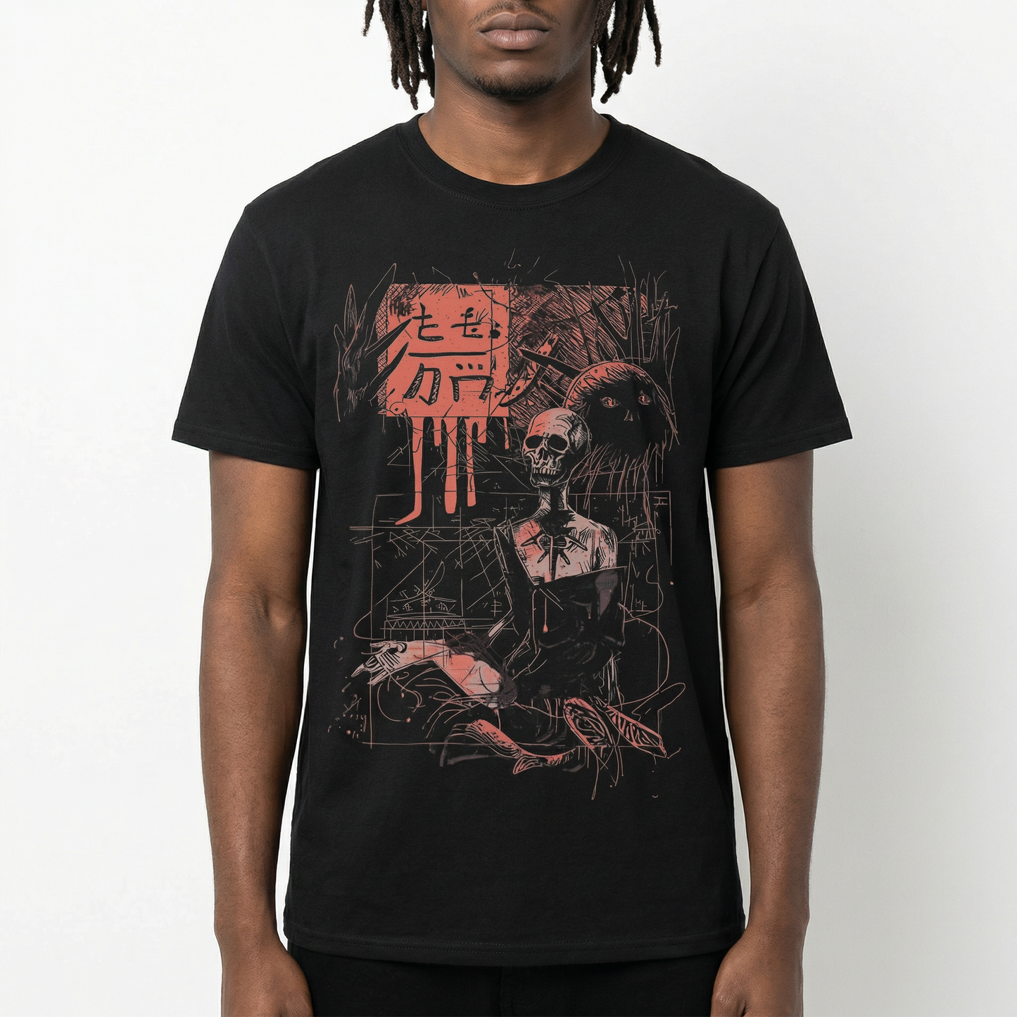 Y3K Bone Scribe T-Shirt — Surreal Grunge Skeleton Art