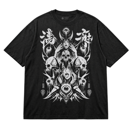 A black short-sleeve graphic t-shirt featuring a large white horror-style print with skulls, eyes, and Japanese characters on the front, displayed flat against a white background.