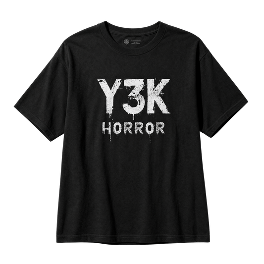 A black short-sleeve crewneck t-shirt with a distressed white graphic print reading 'Y3K HORROR' on the front, displayed against a solid white background.