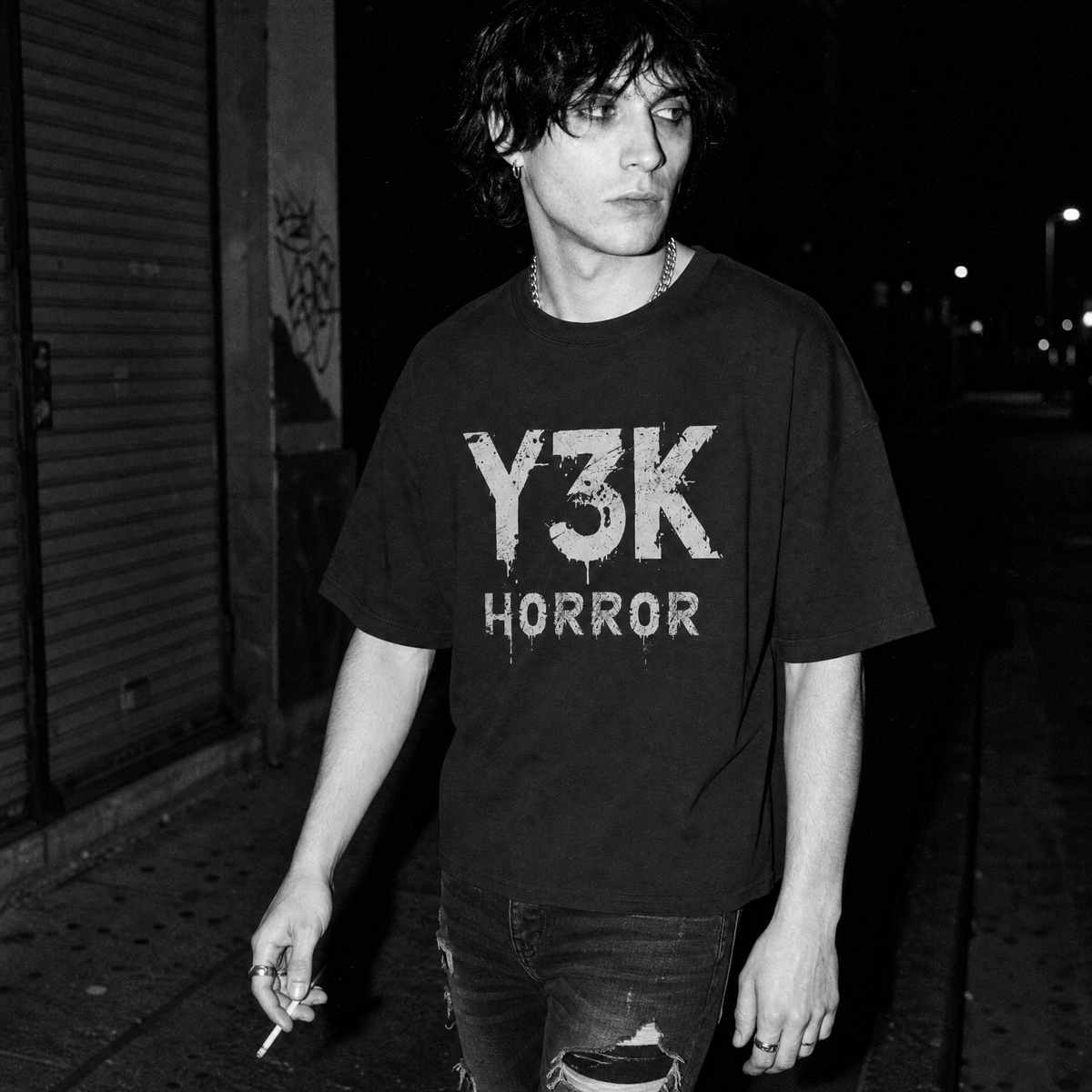 Black-and-white street photo of a male model wearing a black oversized T-shirt with distressed white “Y3K HORROR” text on the front.